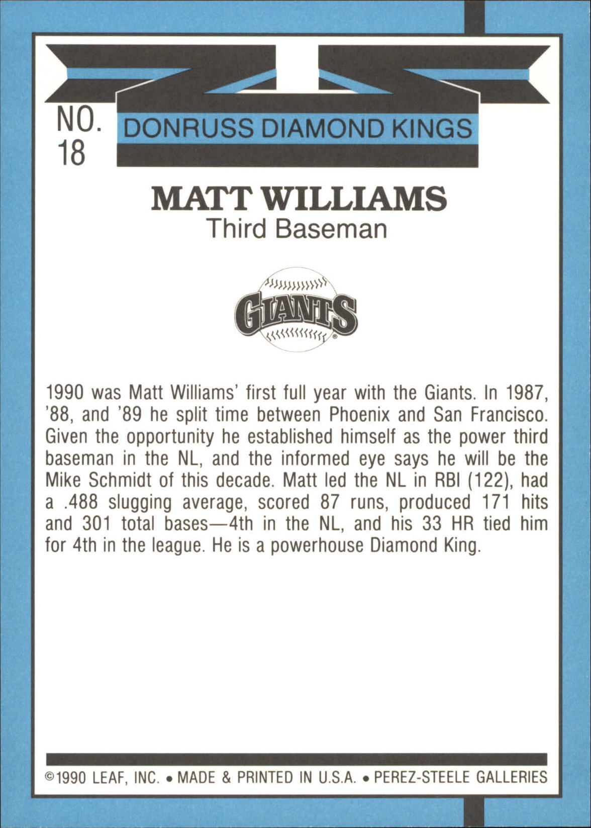 1991 Donruss Super DK's #18 Matt Williams back image