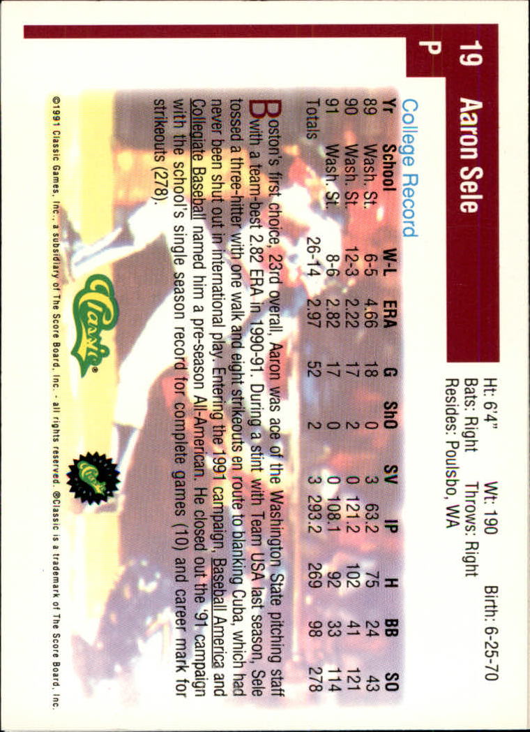 1991 Classic Draft Picks #19 Aaron Sele back image