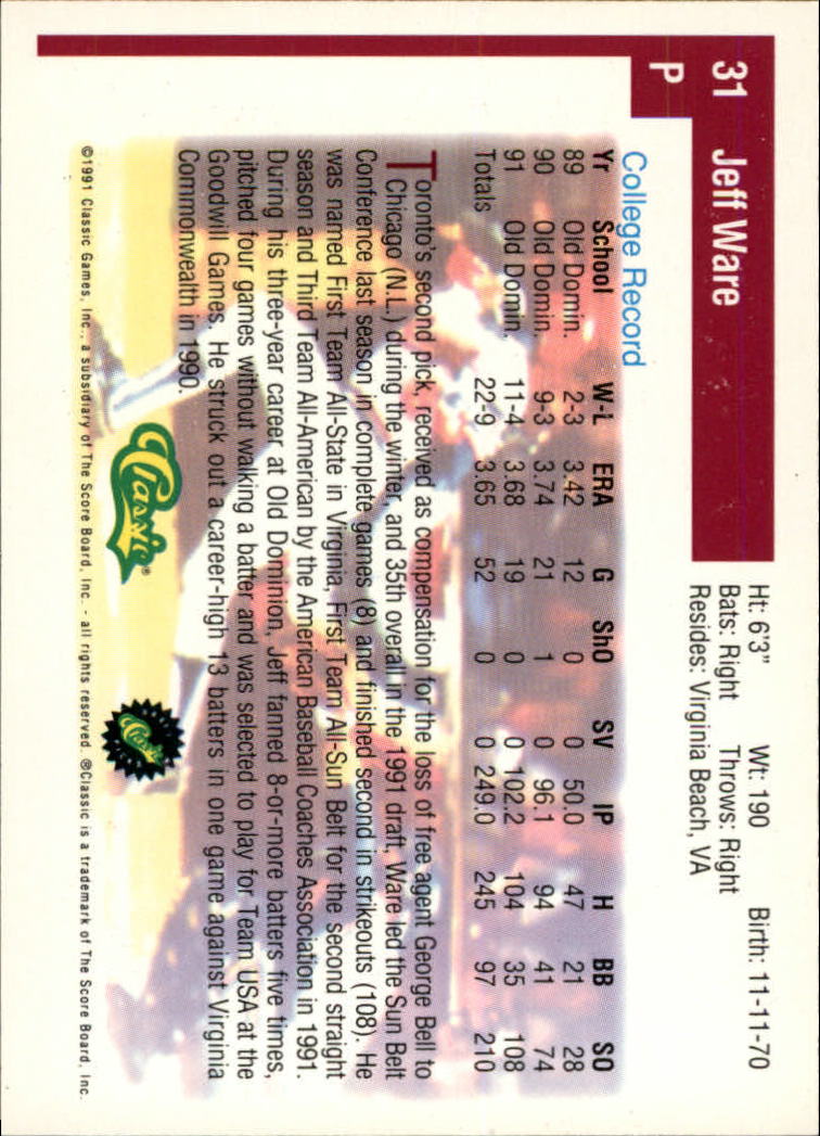 1991 Classic Draft Picks #31 Jeff Ware back image