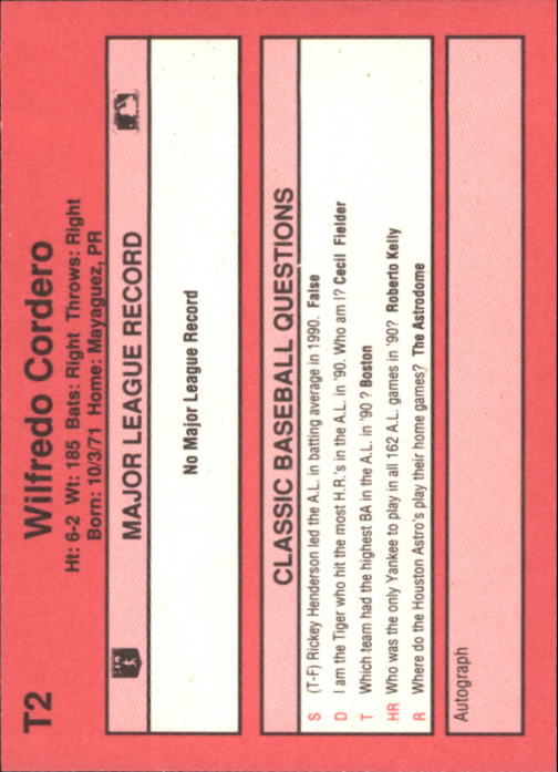 1991 Classic II #T2 Wil Cordero back image