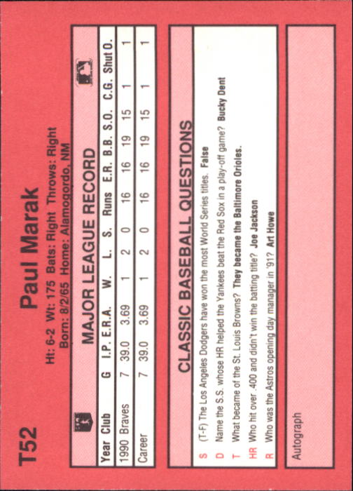 1991 Classic II #T52 Paul Marak back image