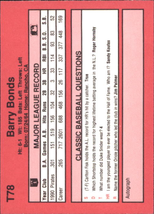 1991 Classic II #T78 Barry Bonds back image
