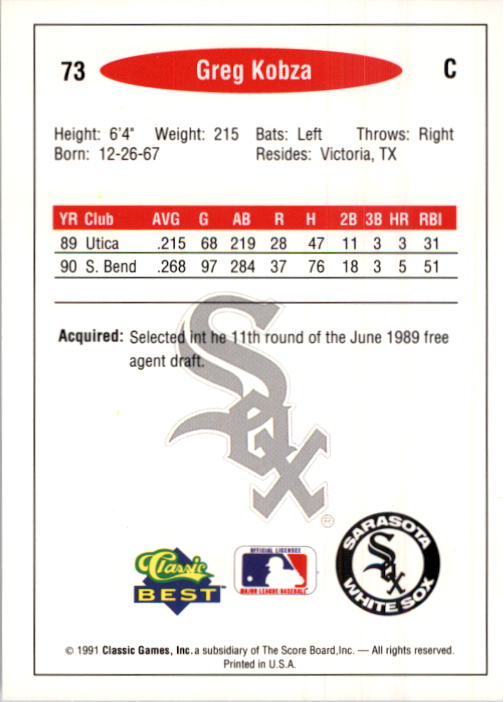 1991 Classic/Best #73 Greg Kobza back image