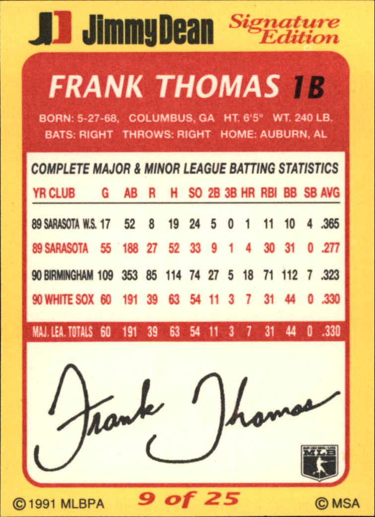 1991 Jimmy Dean #9 Frank Thomas back image