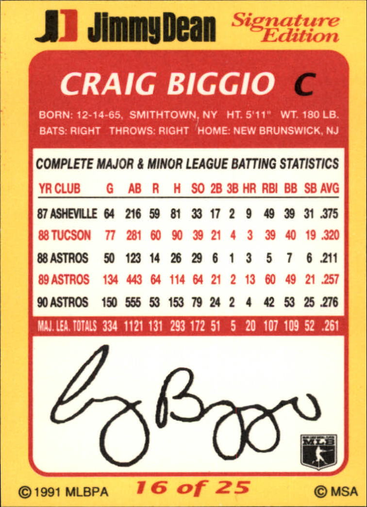 1991 Jimmy Dean #16 Craig Biggio back image