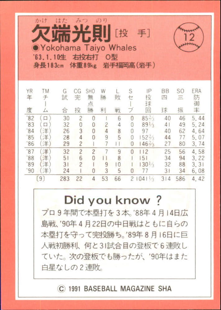 1991 BBM Japan #12 Mitsunori Kakehata back image