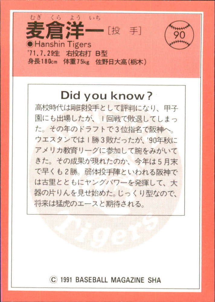 1991 BBM Japan #90 Youichi Mugikura back image
