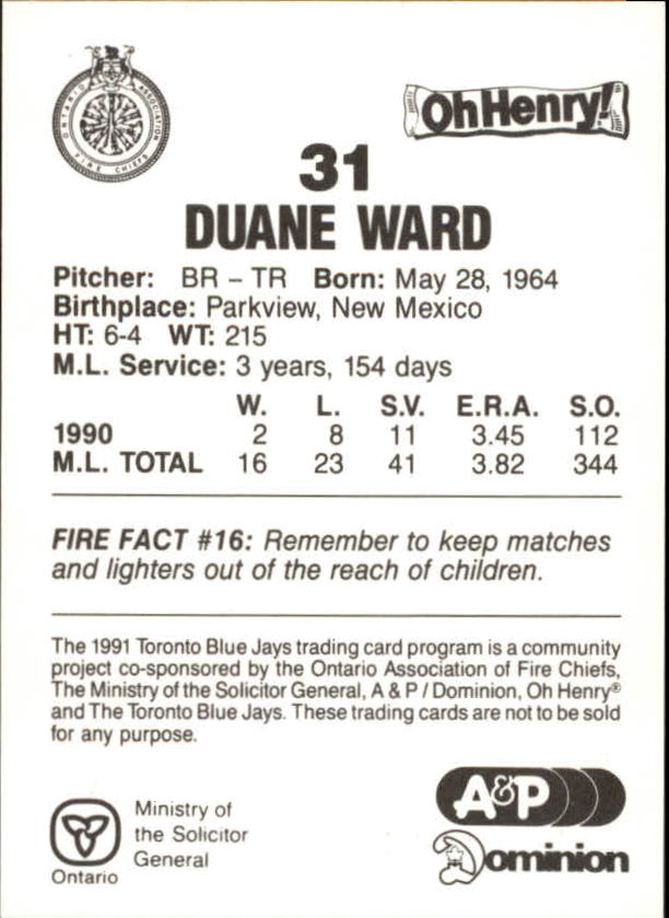 1991 Blue Jays Fire Safety #28 Duane Ward back image