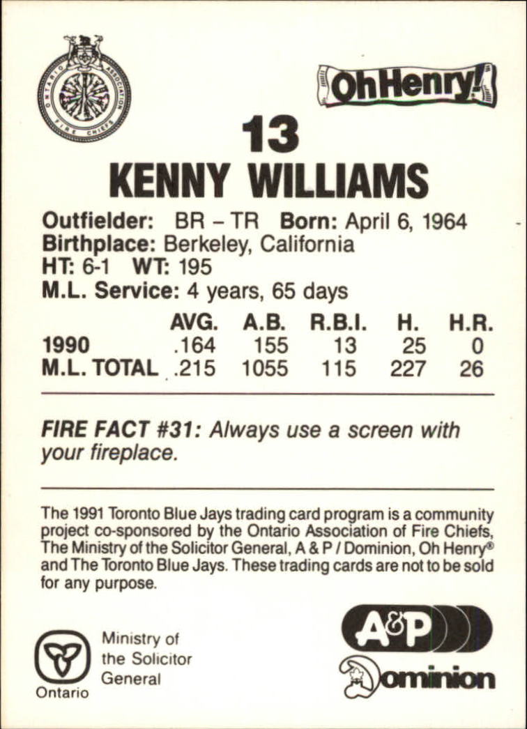 1991 Blue Jays Fire Safety #32 Kenny Williams back image