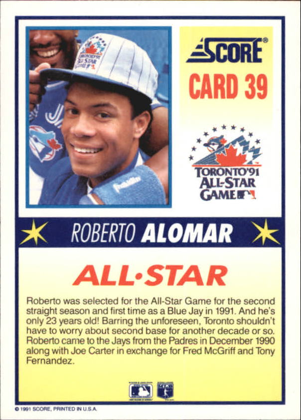 1991 Blue Jays Score #39 Roberto Alomar AS back image