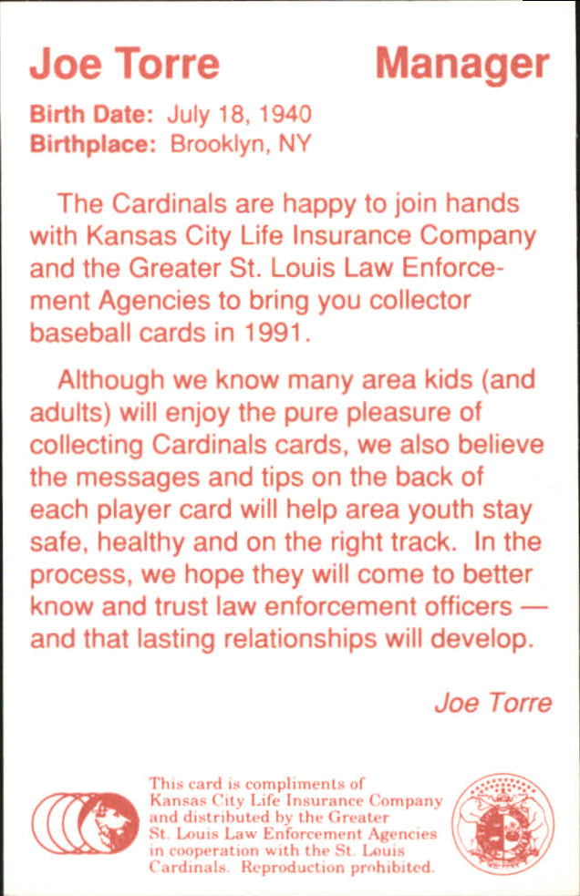 1991 Cardinals Police #9 Joe Torre MG - NM-MT