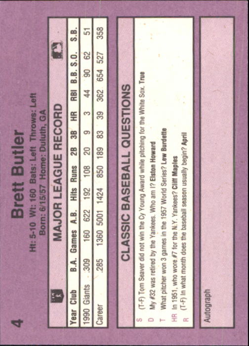 1991 Classic Game #4 Brett Butler back image