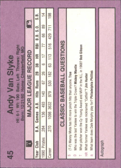 1991 Classic Game #45 Andy Van Slyke back image