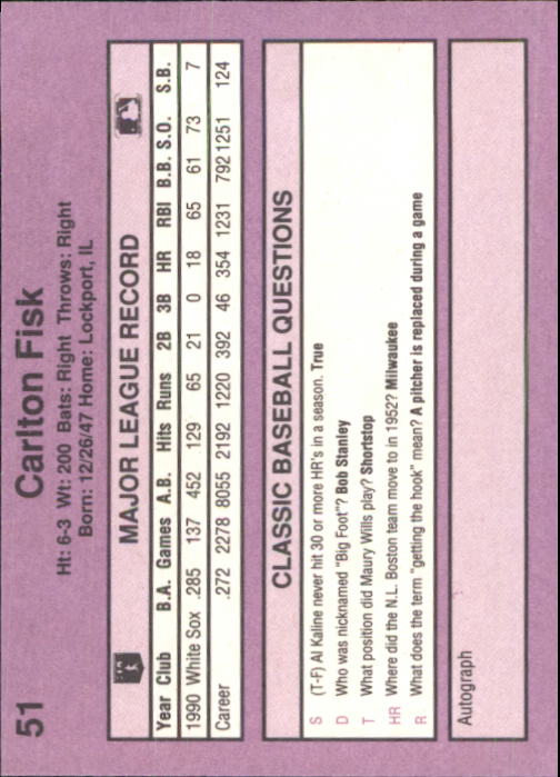 1991 Classic Game #51 Carlton Fisk back image