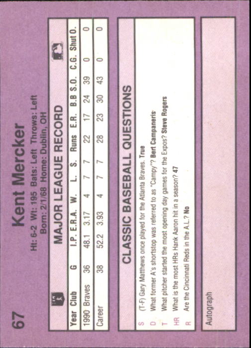 1991 Classic Game #67 Kent Mercker back image