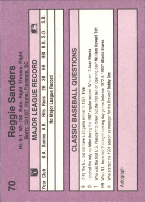 1991 Classic Game #70 Reggie Sanders back image
