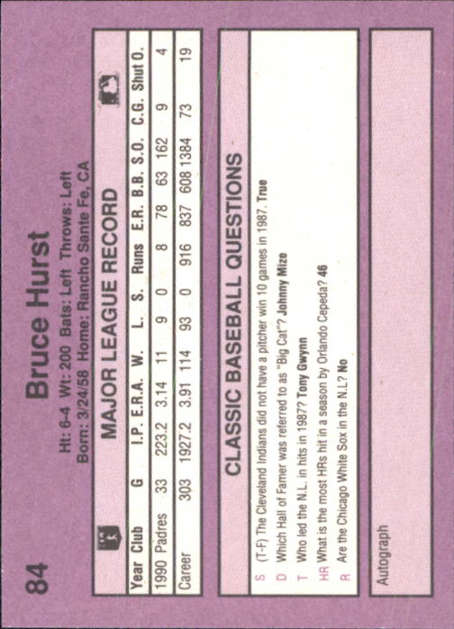 1991 Classic Game #84 Bruce Hurst back image