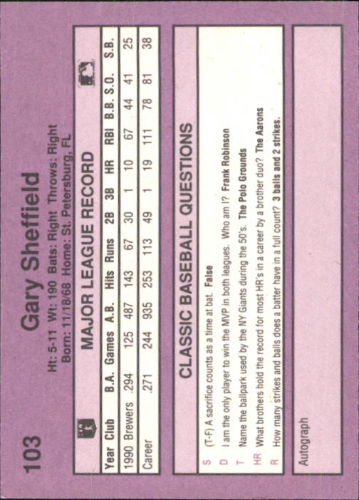1991 Classic Game #103 Gary Sheffield back image