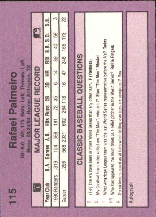 1991 Classic Game #115 Rafael Palmeiro back image