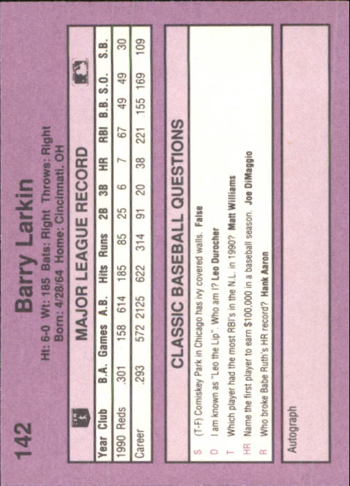 1991 Classic Game #142 Barry Larkin back image