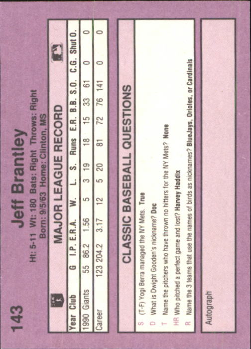 1991 Classic Game #143 Jeff Brantley back image
