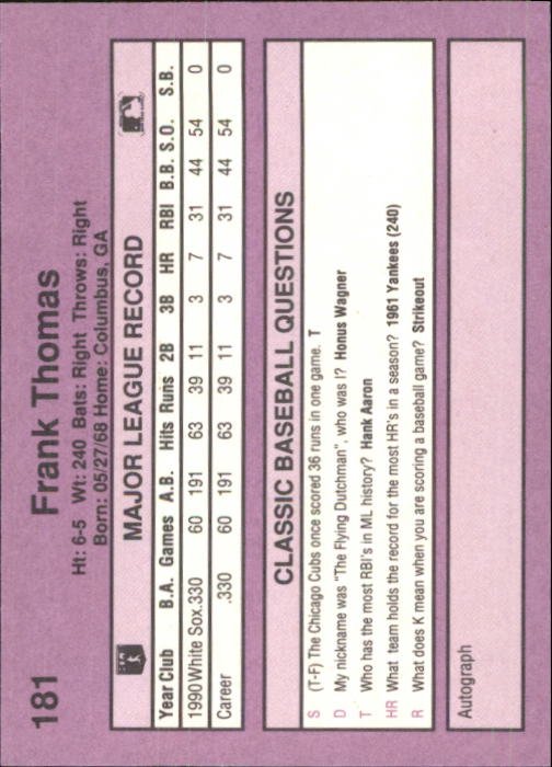 1991 Classic Game #181 Frank Thomas back image