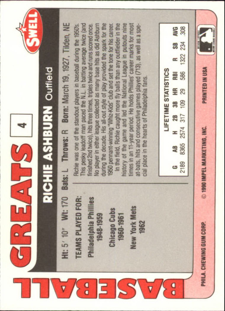 1991 Swell Baseball Greats #4 Richie Ashburn back image