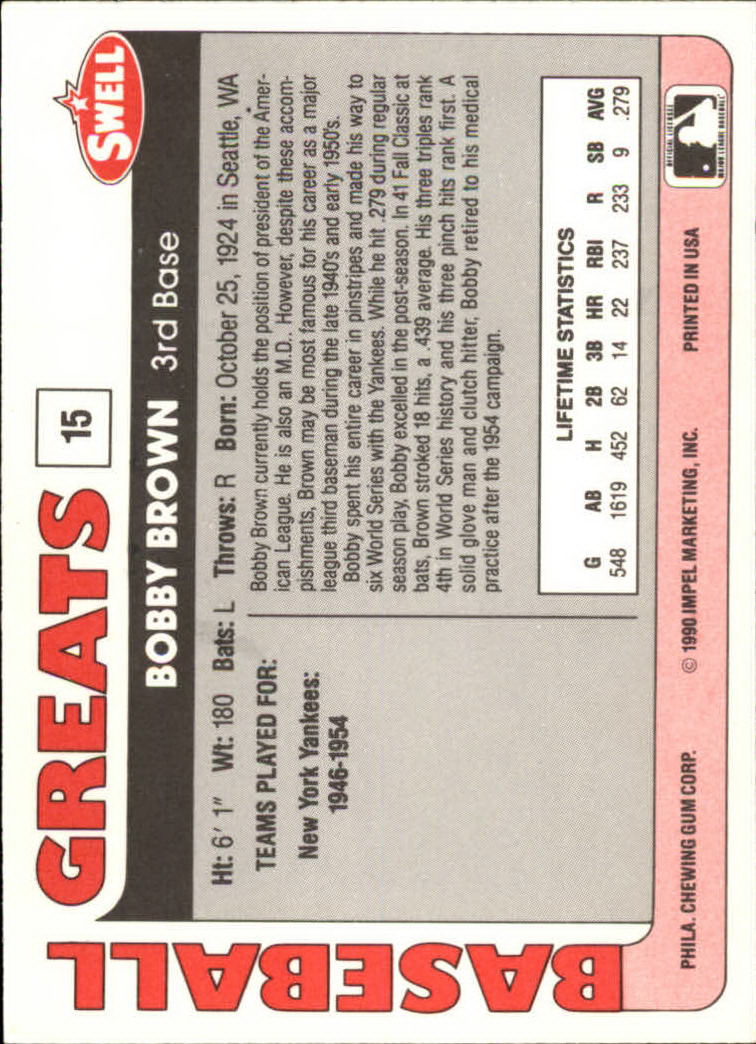 1991 Swell Baseball Greats #15 Bobby Brown back image