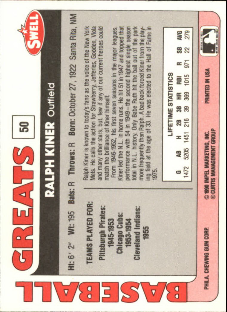 1991 Swell Baseball Greats #50 Ralph Kiner back image