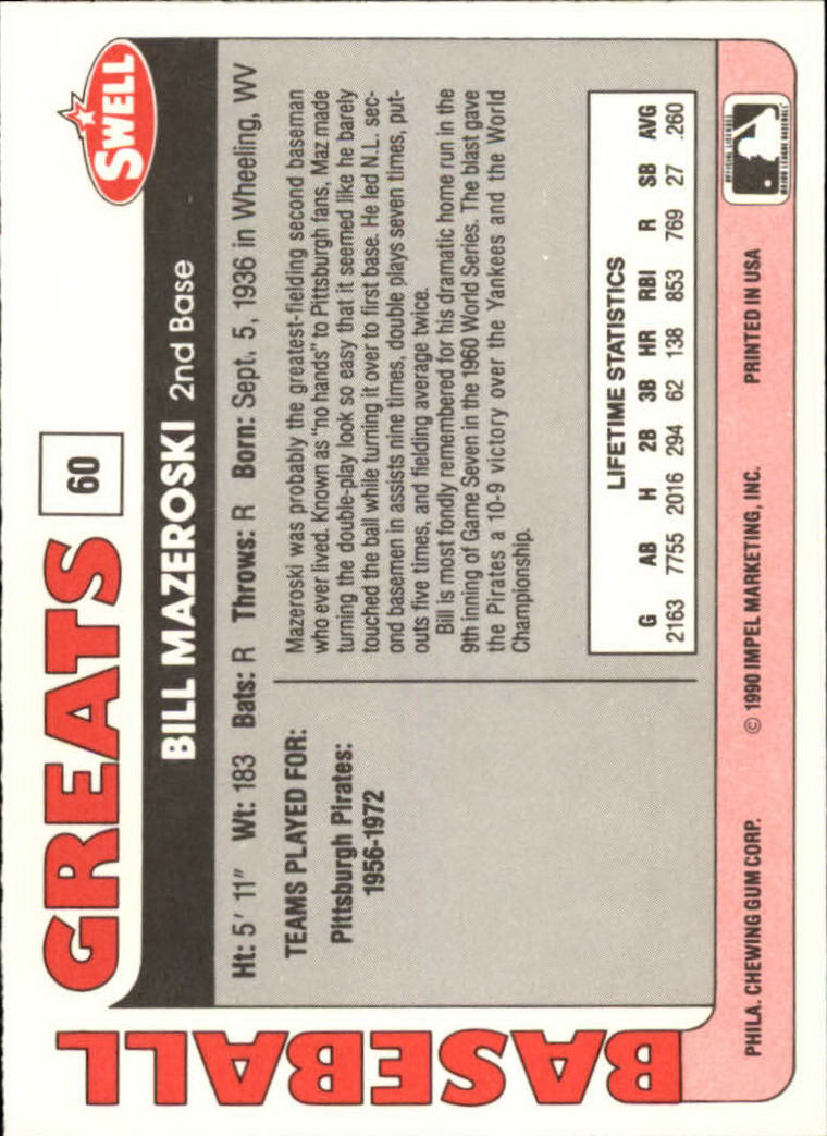 1991 Swell Baseball Greats #60 Bill Mazeroski back image