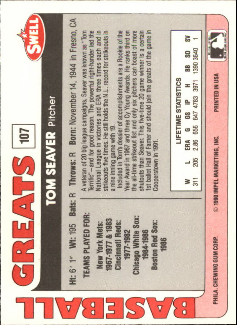 1991 Swell Baseball Greats #107 Tom Seaver back image