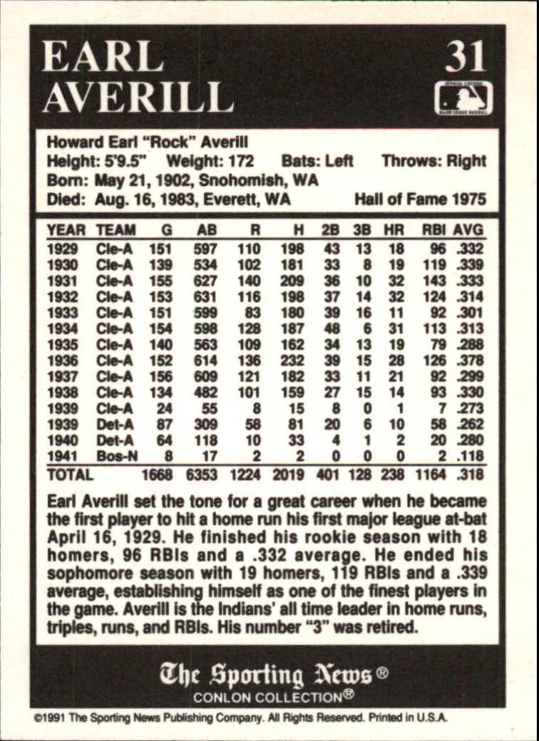 1991 Conlon TSN #31 Earl Averill HOF back image