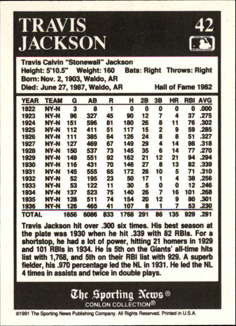 1991 Conlon TSN #42 Travis Jackson HOF back image