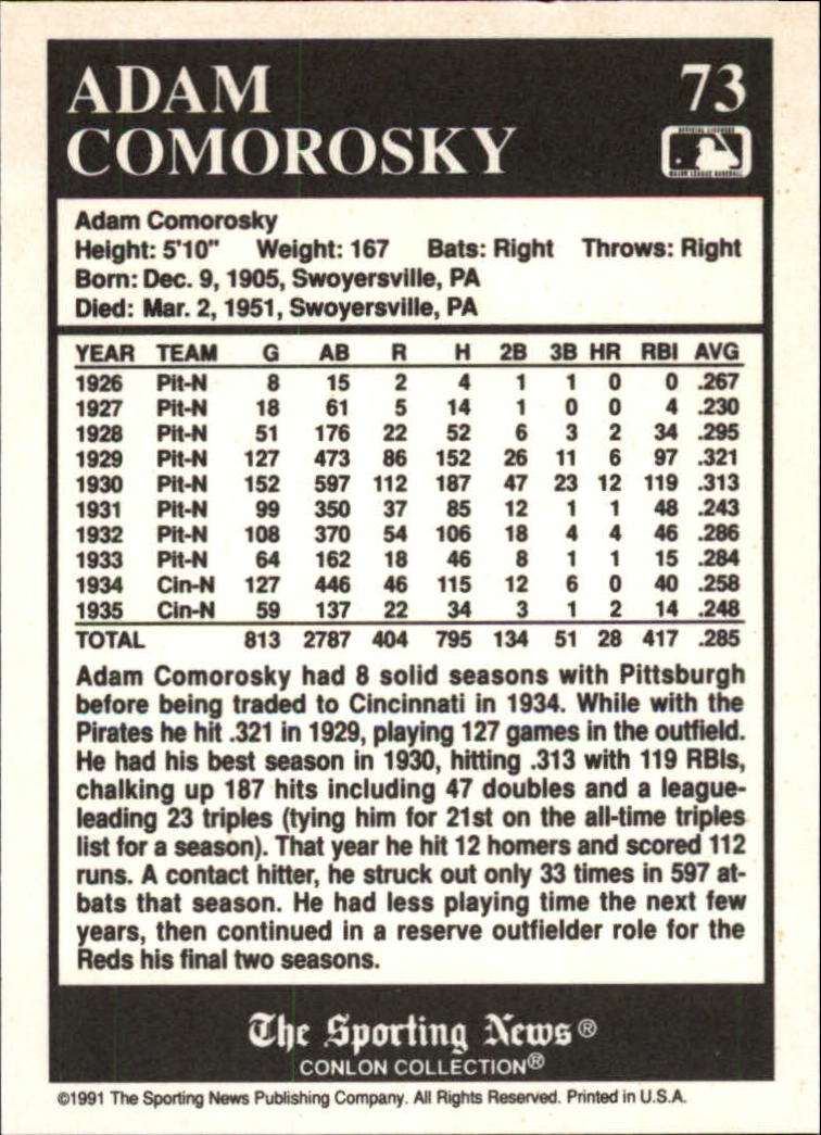 1991 Conlon TSN #73 Adam Comorosky back image