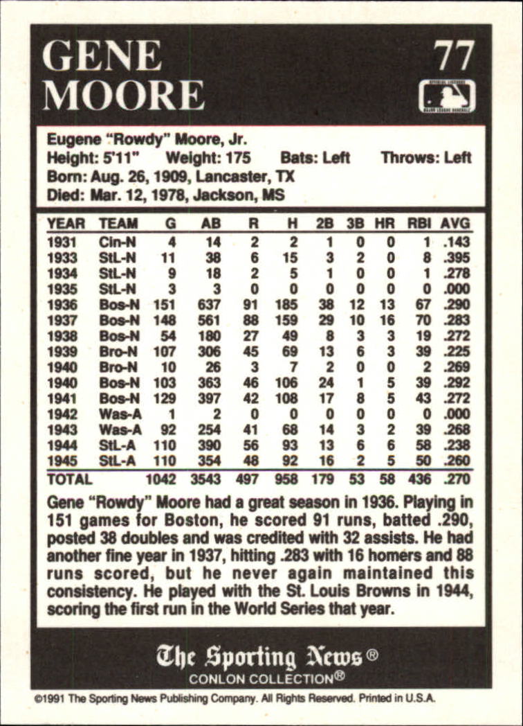 1991 Conlon TSN #77 Gene Moore back image
