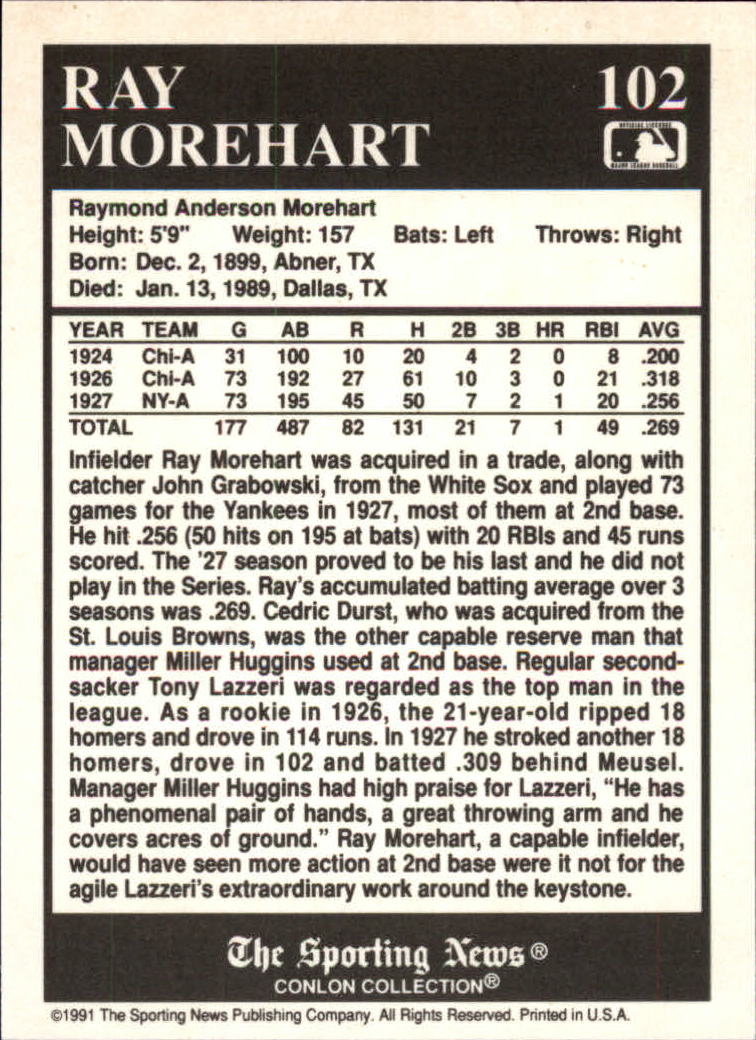 1991 Conlon TSN #102 Ray Morehart '27NY back image