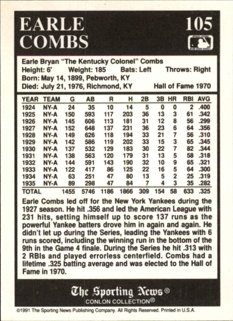 1991 Conlon TSN #105 Earle Combs '27NY back image