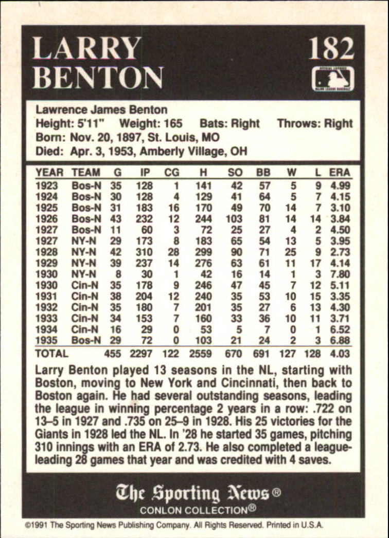 1991 Conlon TSN #182 Larry Benton back image