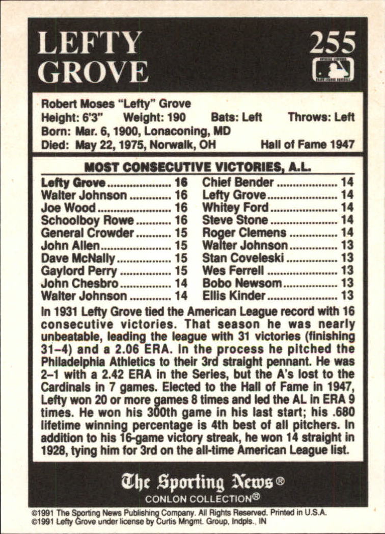 1991 Conlon TSN #255 Lefty Grove ATL back image