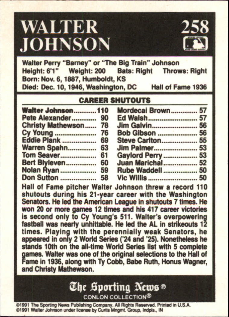 1991 Conlon TSN #258 Walter Johnson ATL back image