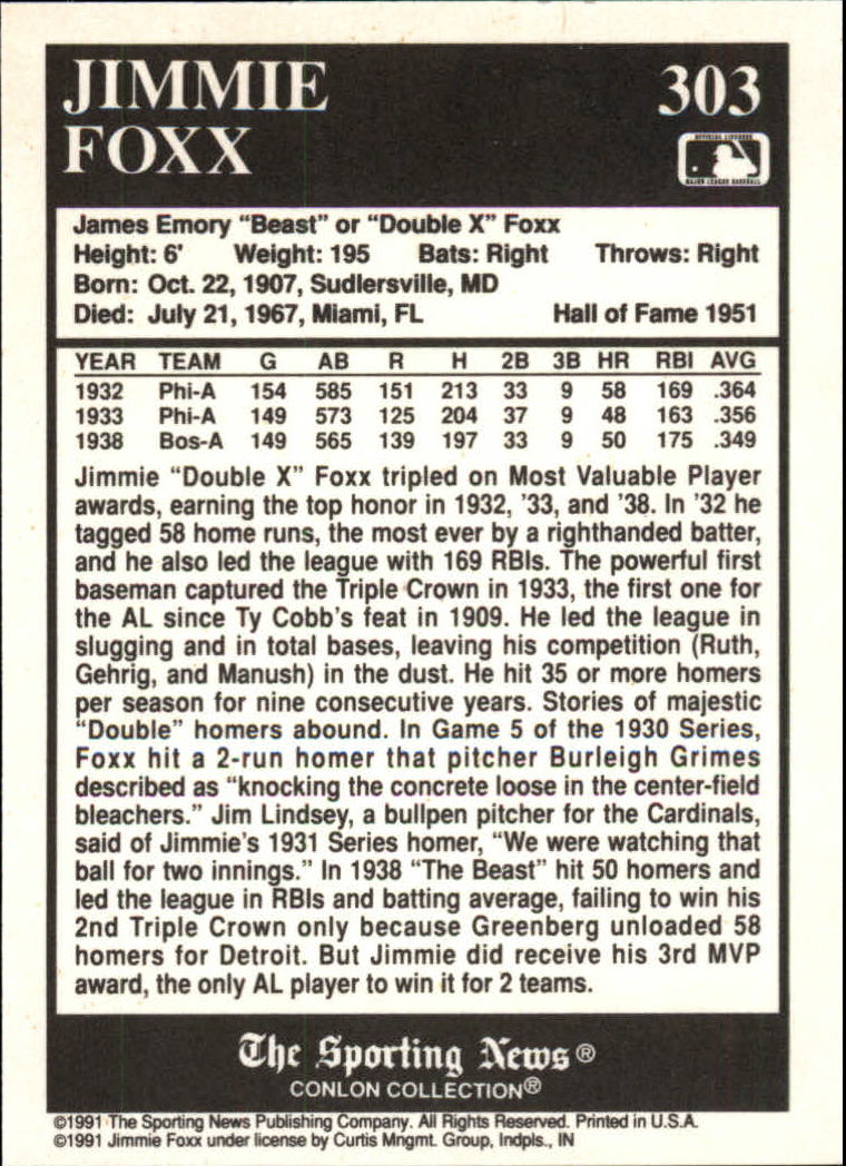 1991 Conlon TSN #303 Jimmie Foxx MVP back image