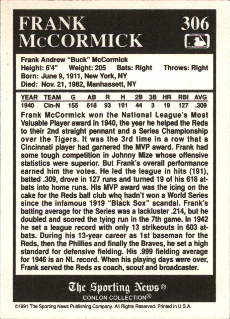 1991 Conlon TSN #306 Frank McCormick MVP back image