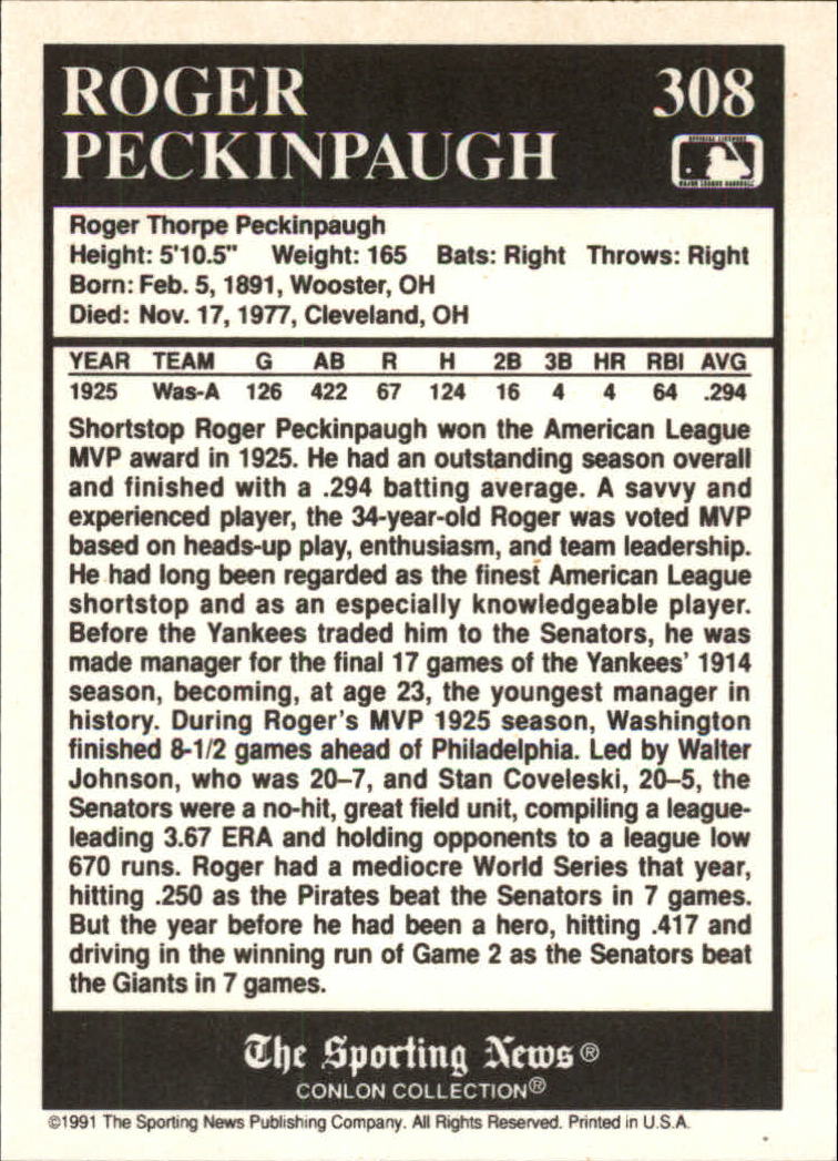 1991 Conlon TSN #308 Roger Peckinpaugh MVP back image