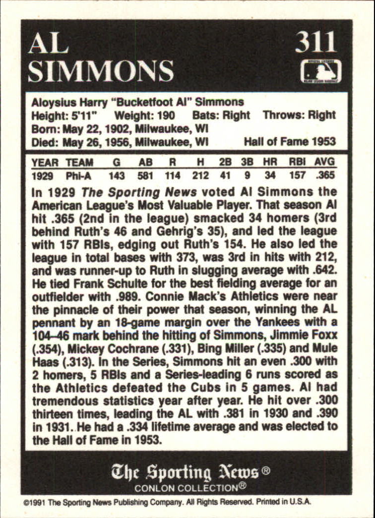 1991 Conlon TSN #311 Al Simmons MVP back image