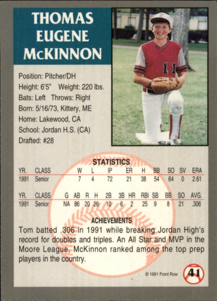 1991 Front Row Draft Picks #41 Tom McKinnon back image