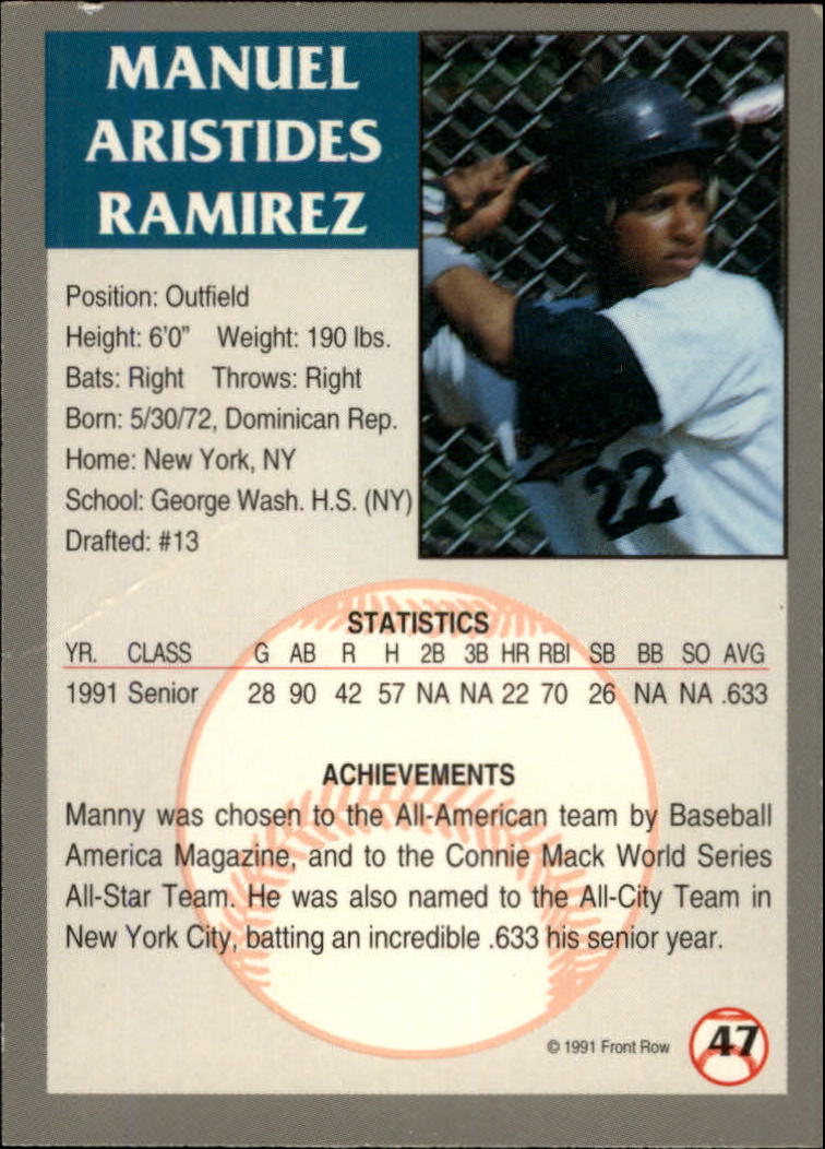 1991 Front Row Draft Picks #47 Manny Ramirez back image