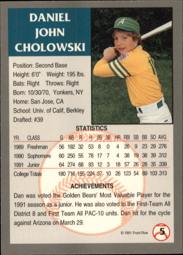 1991 Front Row Draft Picks Silver #5 Dan Cholowski back image