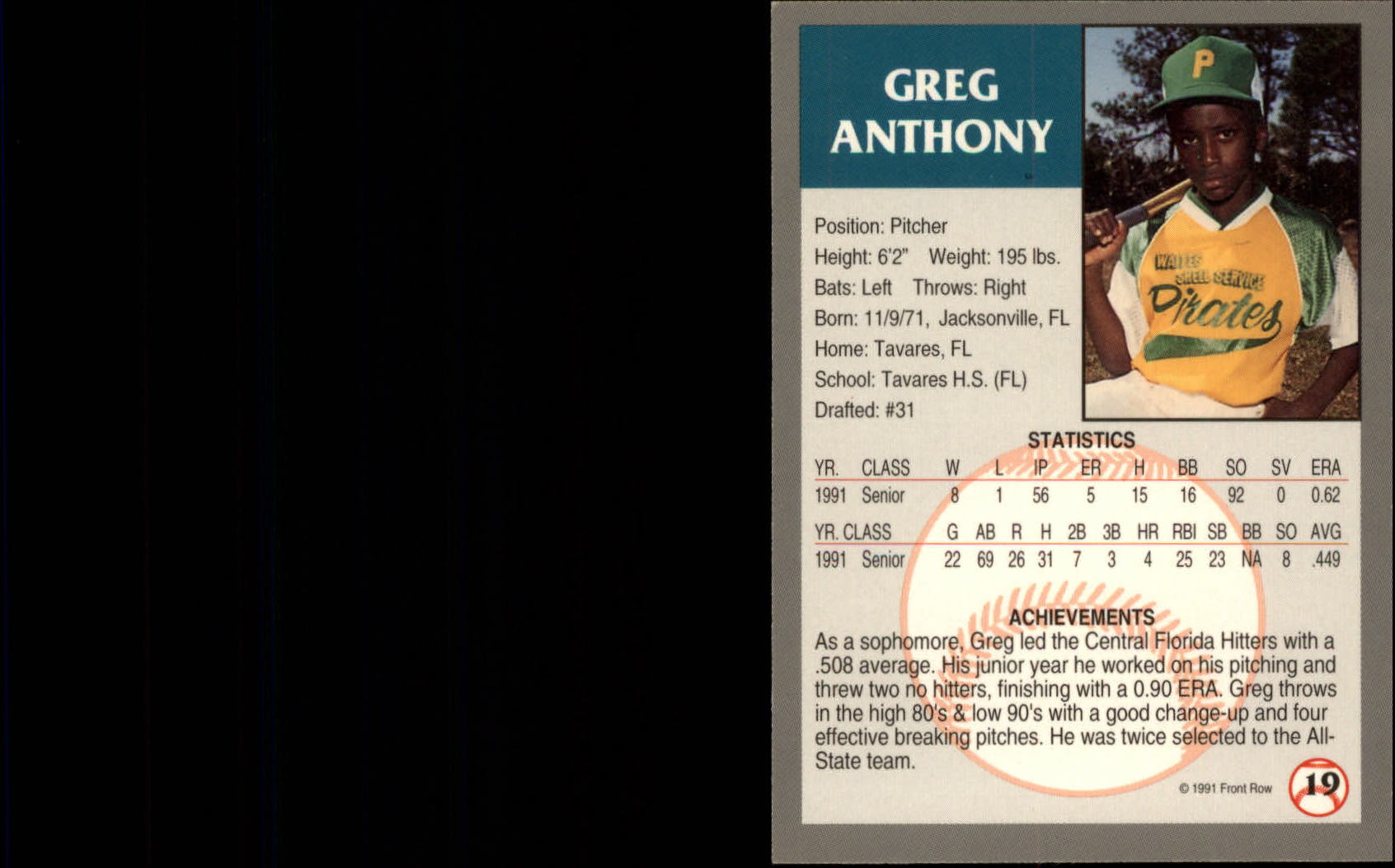 1991 Front Row Draft Picks Silver #19 Greg Anthony back image