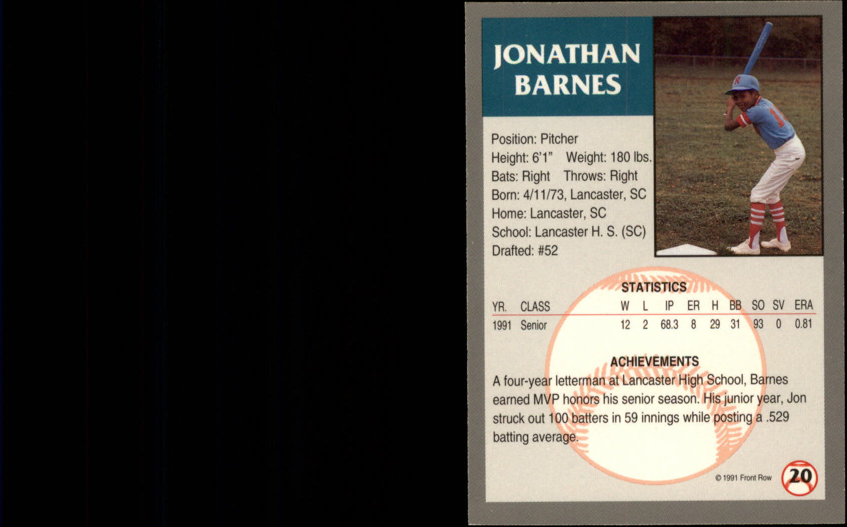 1991 Front Row Draft Picks Silver #20 Jon Barnes back image