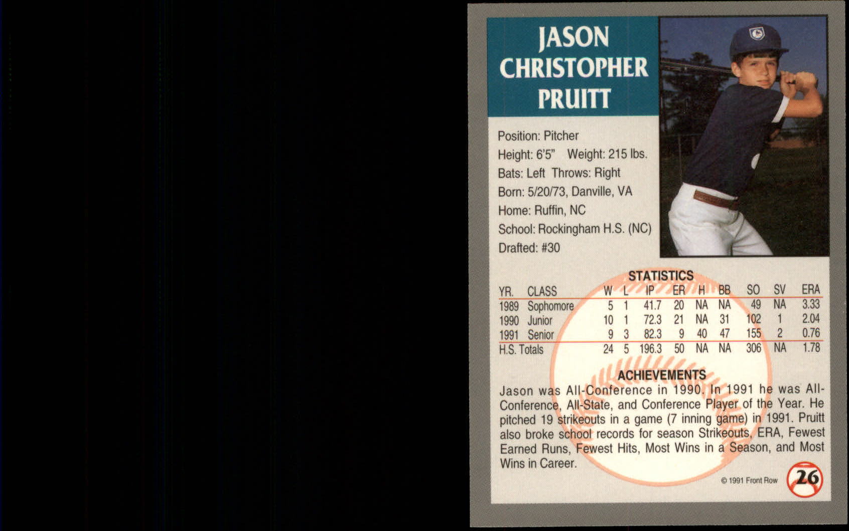 1991 Front Row Draft Picks Silver #26 Jason Pruitt back image